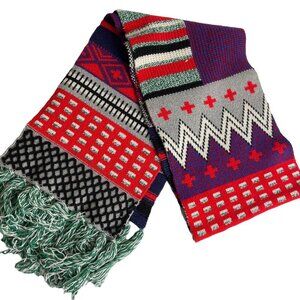 J Crew Patchwork Knit Wide Winter Scarf Fringe